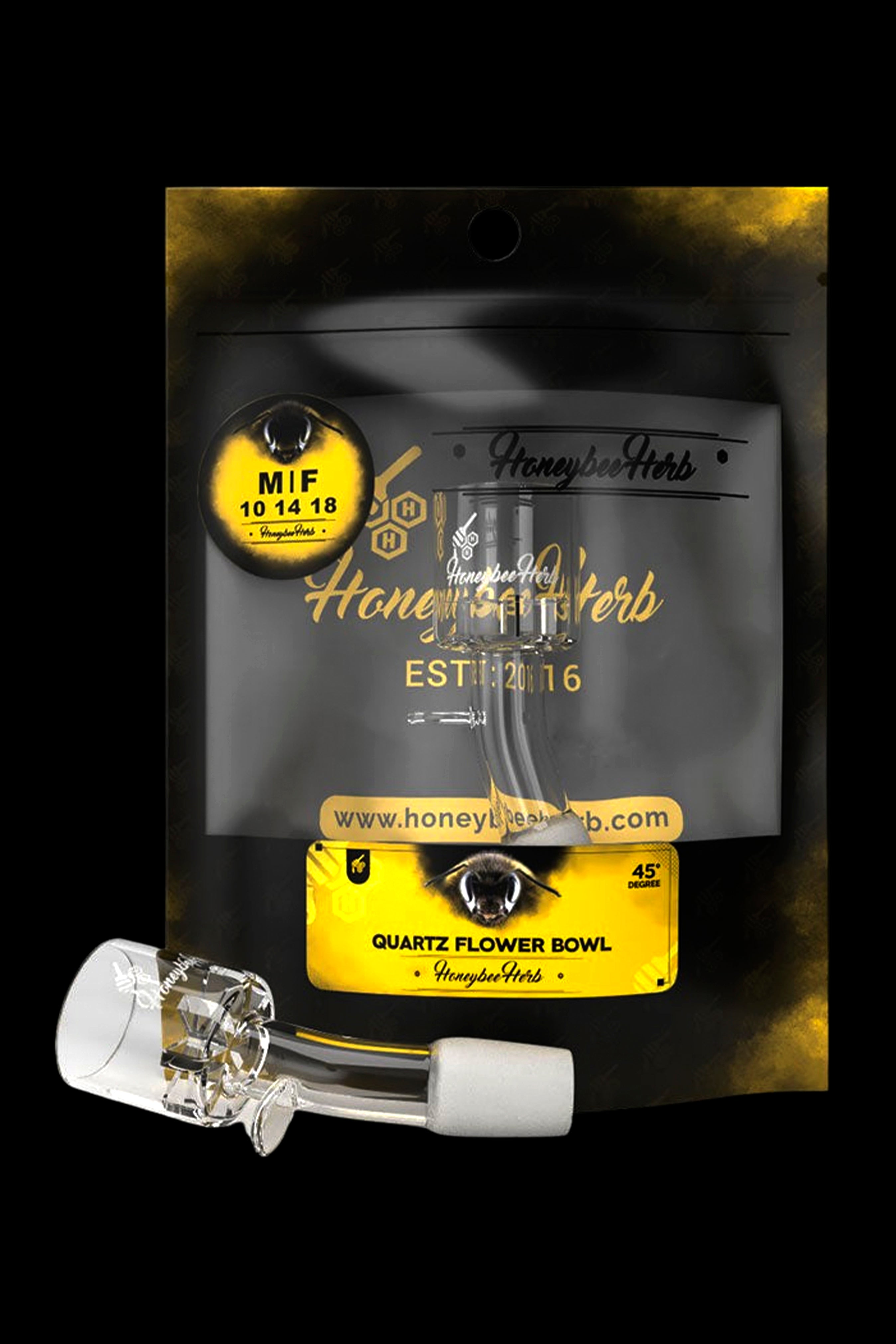 Black bag of cannabis with branding for “Honeybee Herb,” alongside a glass smoking bowl.