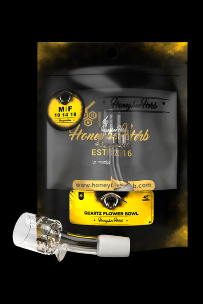Black bag of cannabis with branding for “Honeybee Herb,” alongside a glass smoking bowl.