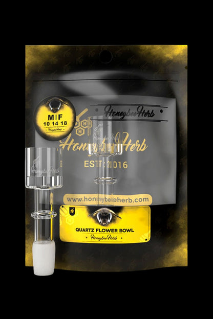 Quartz flower bowl for cannabis, branded with "Honeybee Herb" packaging.