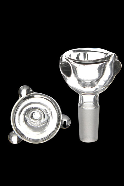 Clear glass bowl for smoking, with a spiral design visible from the top view.