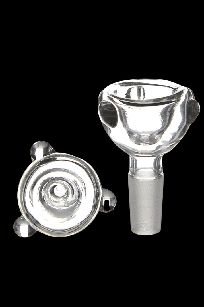 Clear glass bowl for smoking, with a spiral design visible from the top view.