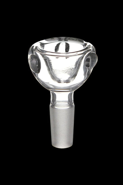 Clear glass cannabis bowl for smoking, isolated on black.