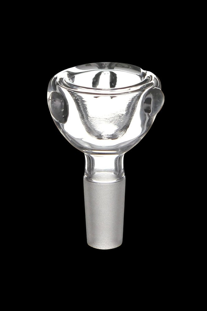 Clear glass cannabis bowl for smoking, isolated on black.