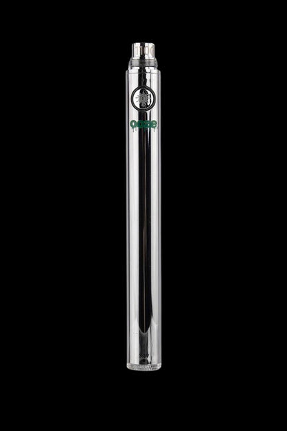 Silver cannabis oil vape pen with clear glass cartridge, displaying a green “Dope” logo.