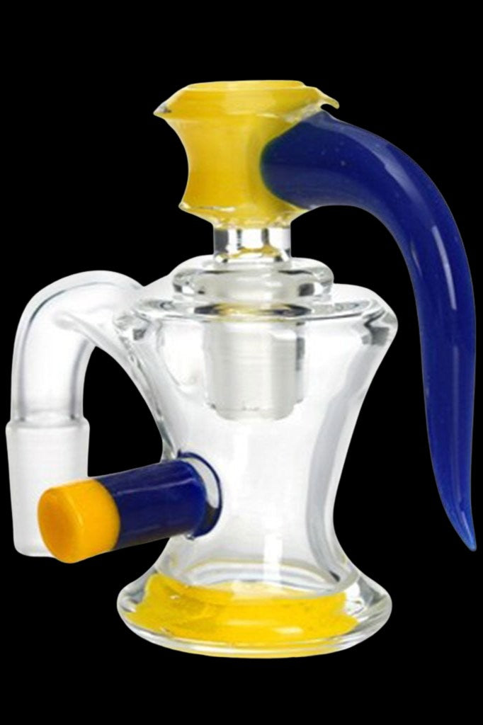 Clear glass water pipe (rig) with blue and yellow accents.