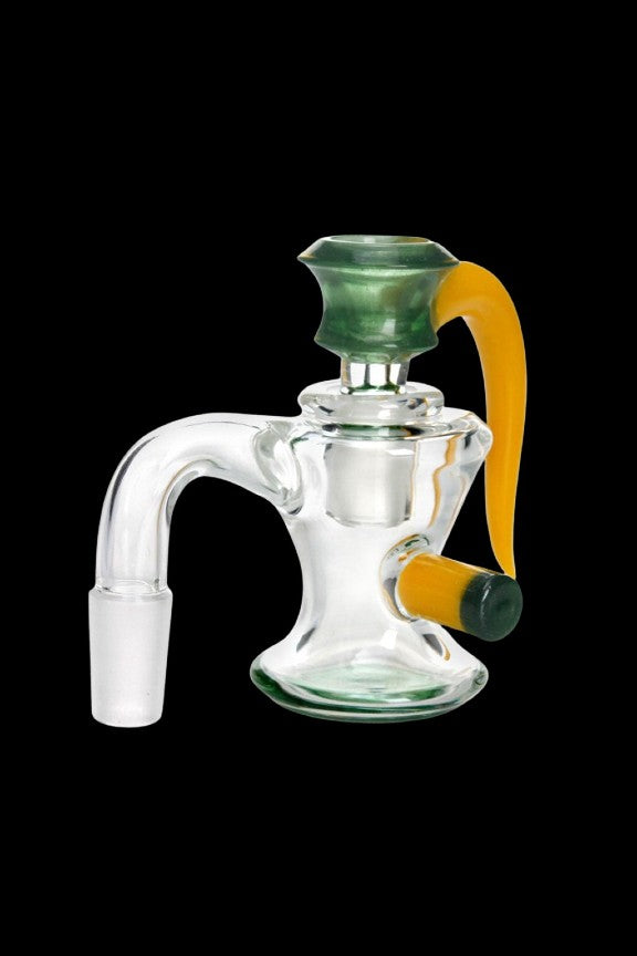 Glass cannabis water pipe with orange accents.