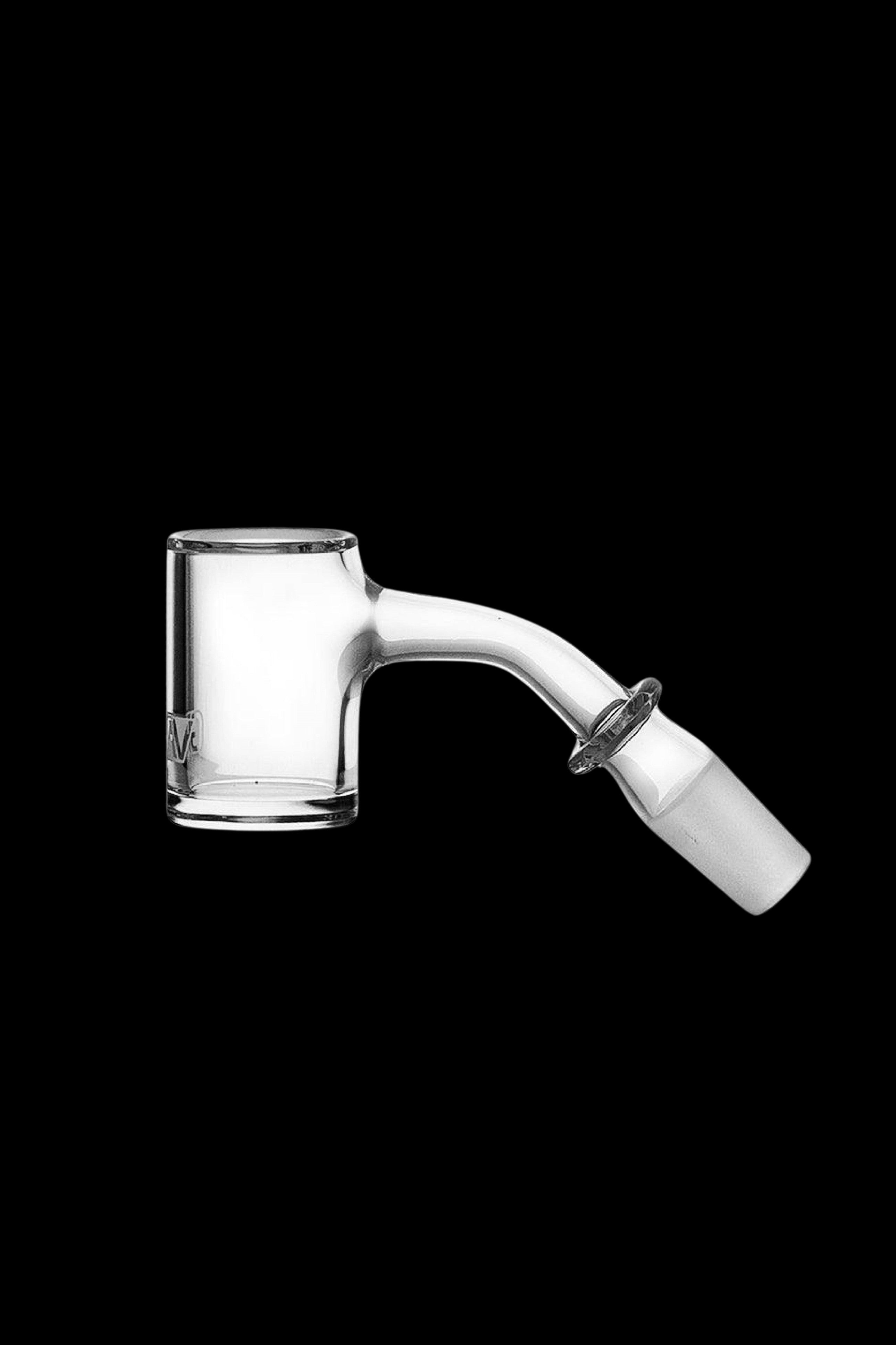 Clear glass dab rig nail with a bent neck and joint for connecting to a water pipe.