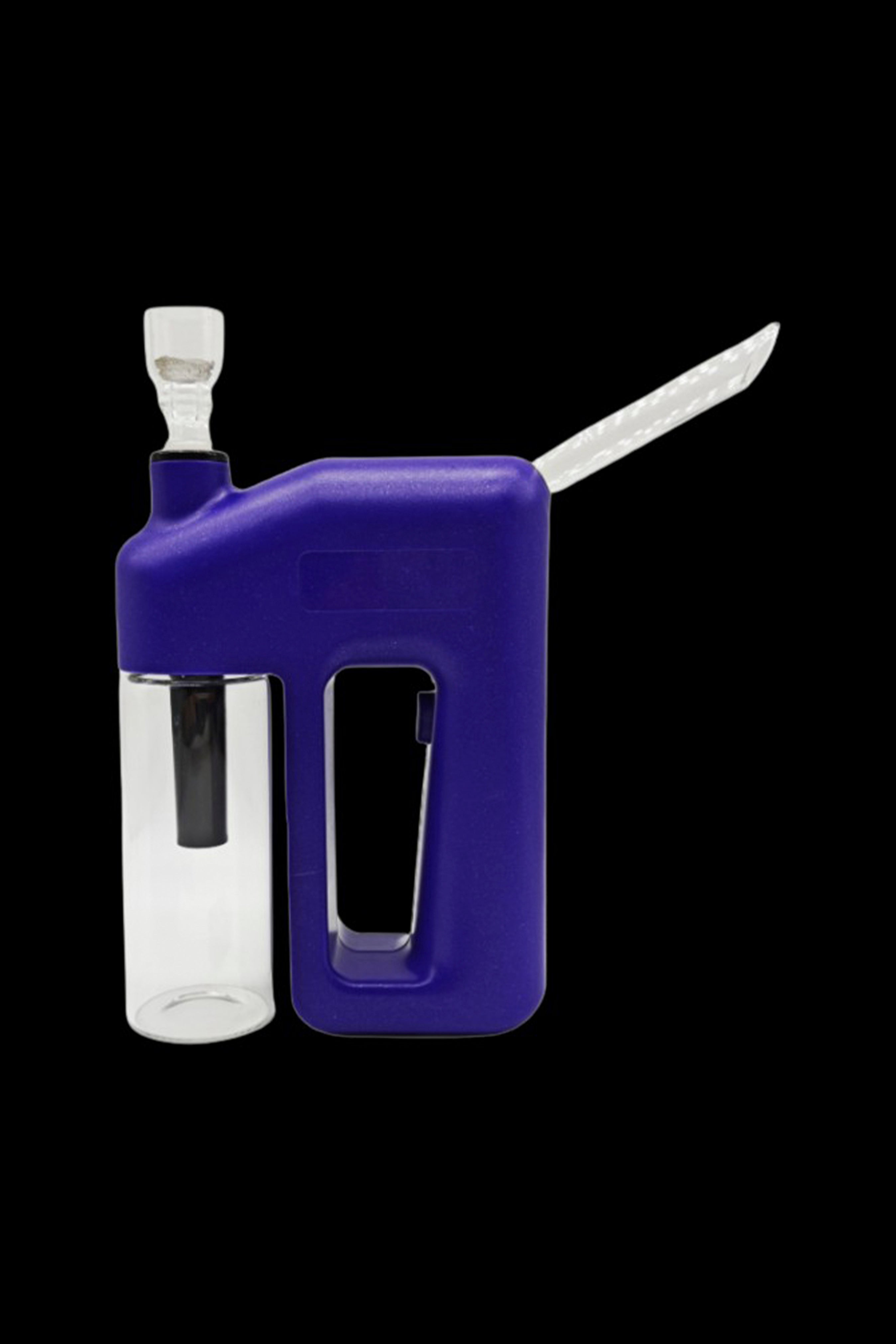 Blue silicone rig with glass bubbler and carb cap against a black background.