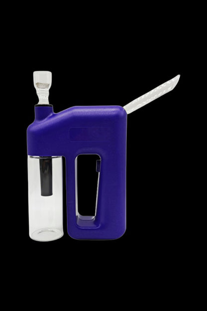 Blue silicone rig with glass bubbler and carb cap against a black background.