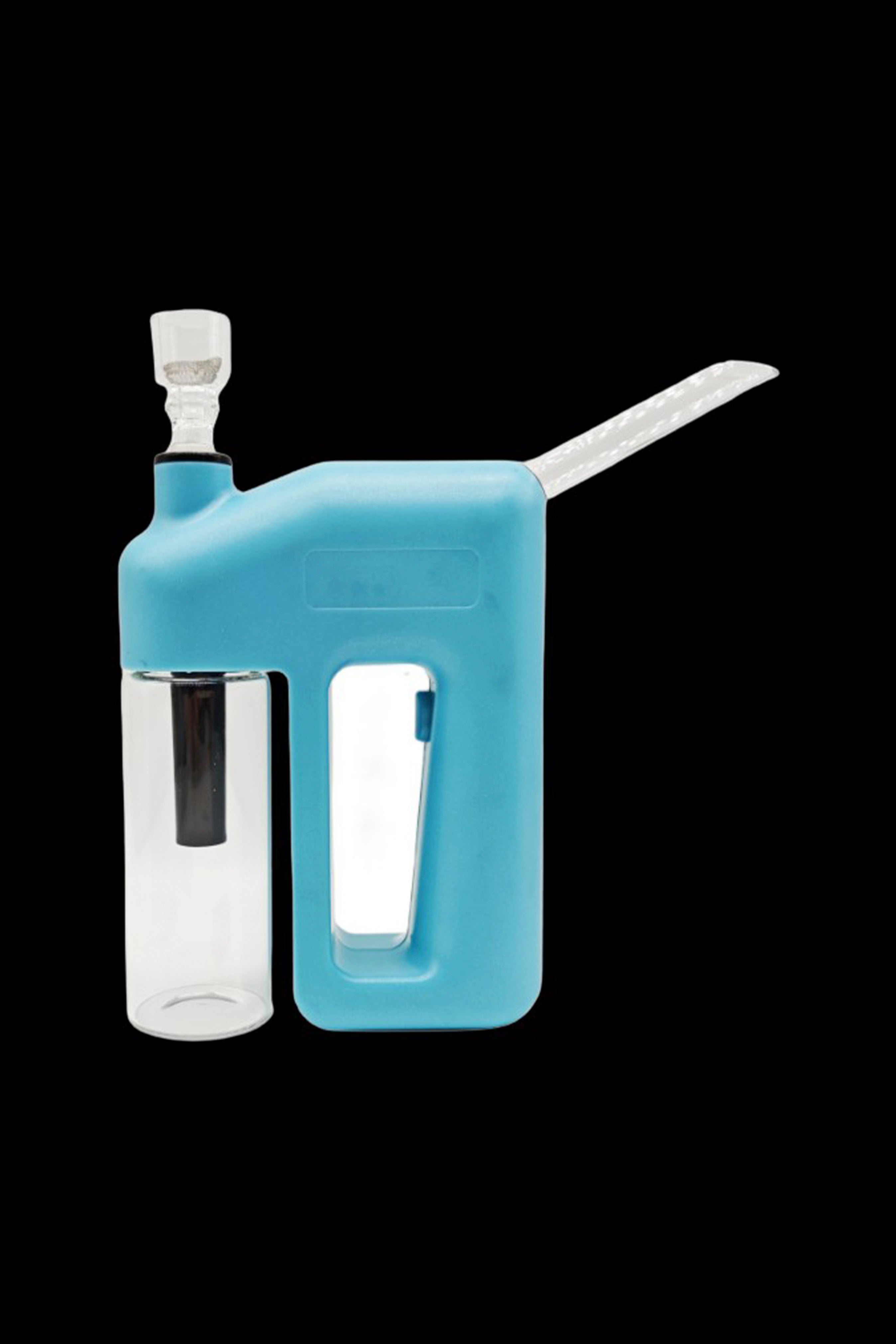 Blue silicone case housing two cannabis oil cartridges with applicator tips, isolated on a black background.