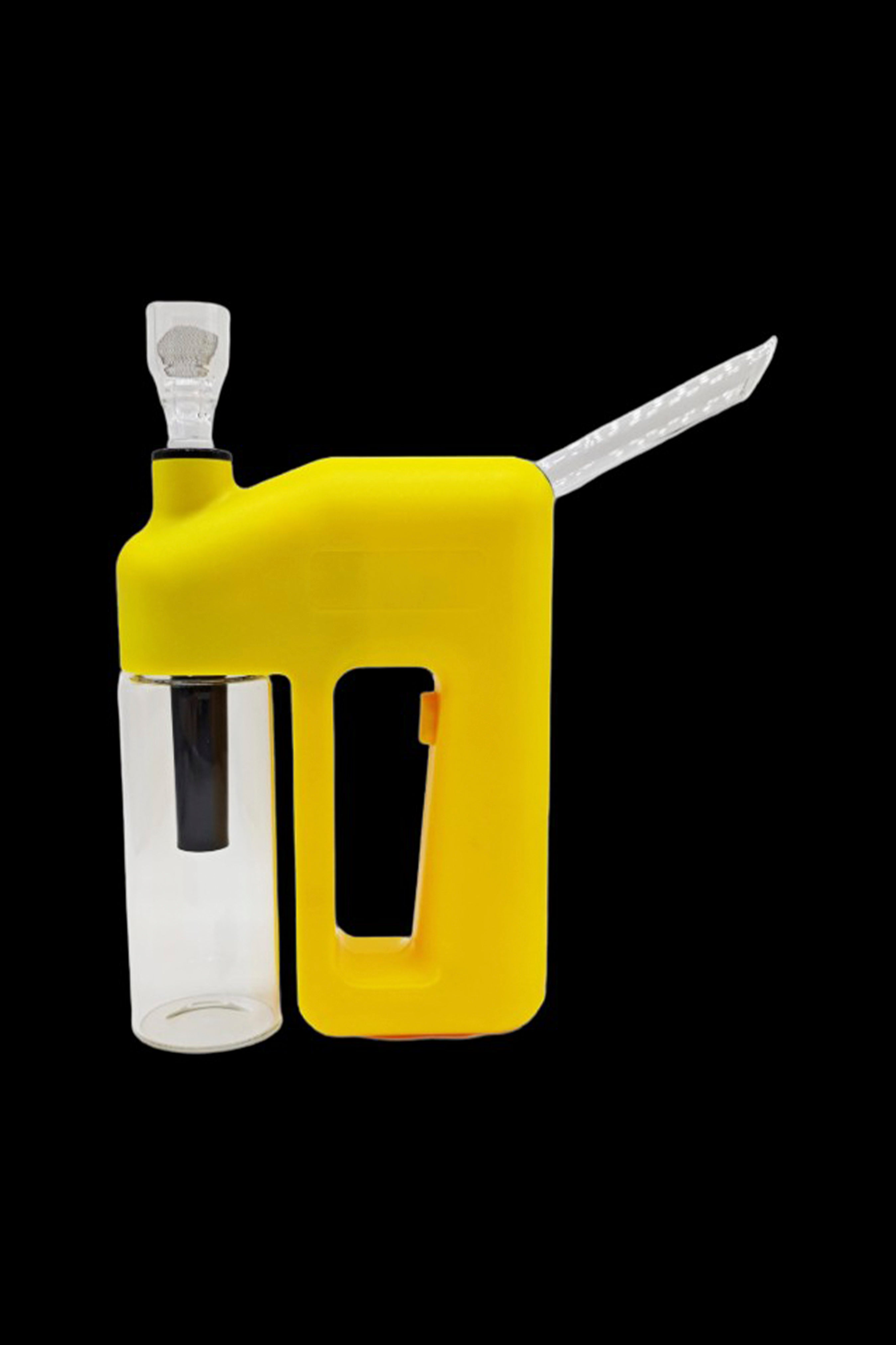 Yellow silicone sleeve case for a glass cannabis water pipe, with a built-in bowl and mouthpiece cover.