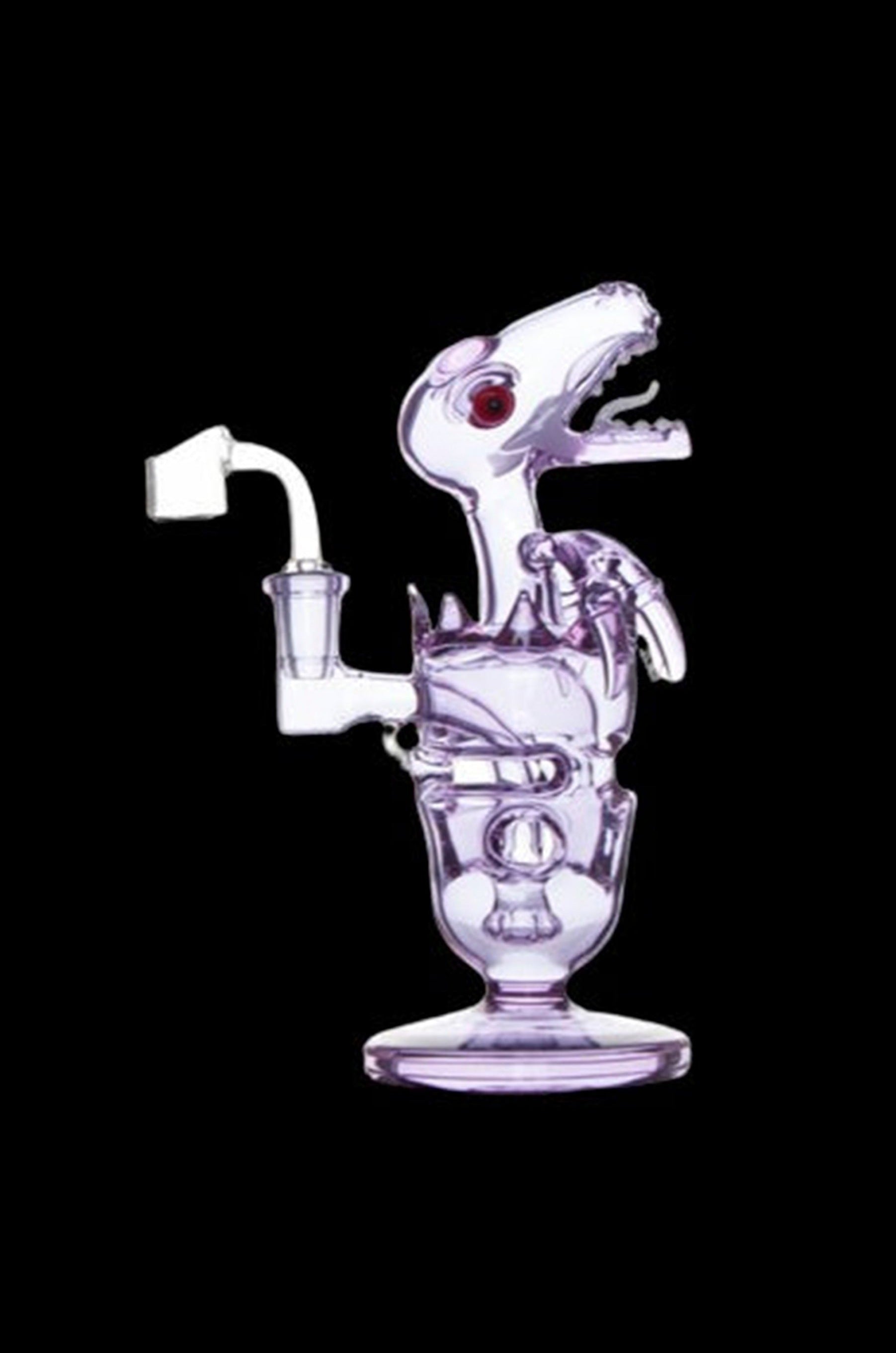 Side view of a silver-fuming Calibear Fab Dino Rig with its open-mouthed dino head and glass joint against a black background