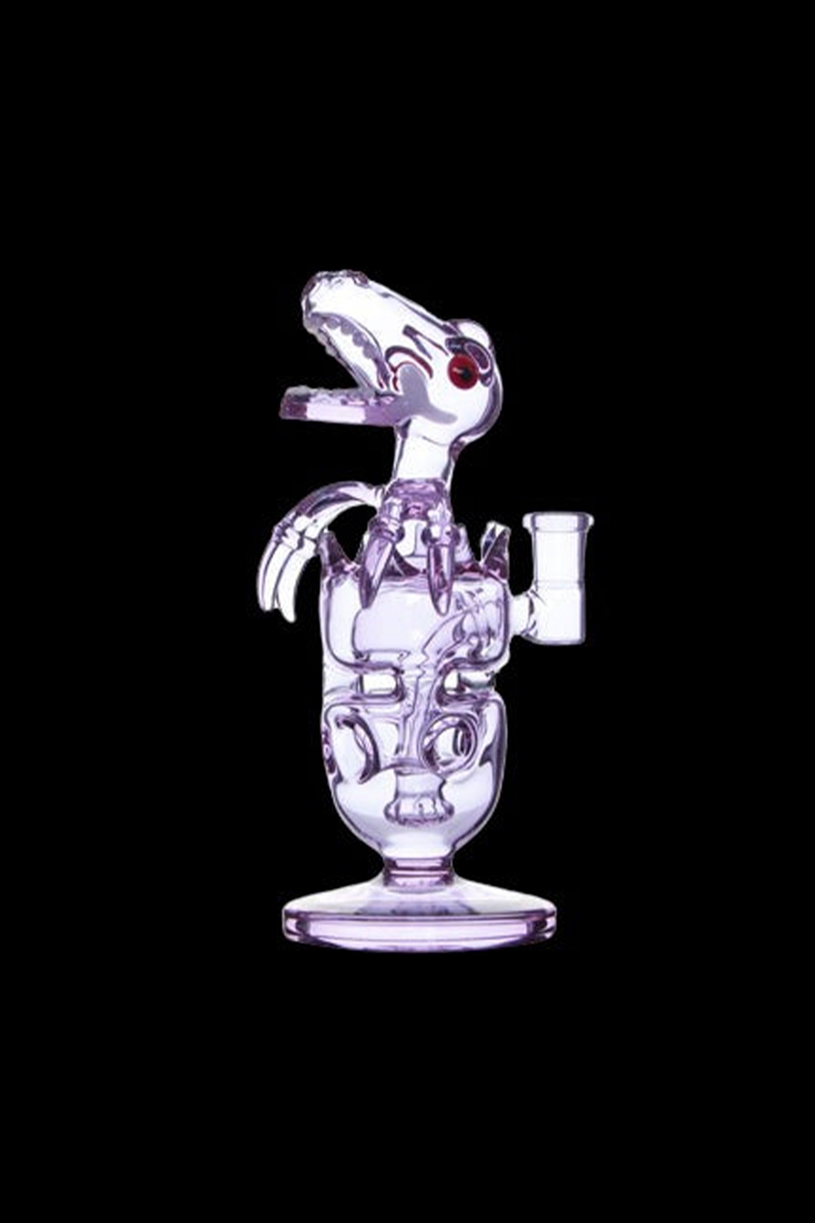 Centered front view of the Calibear Fab Dino Rig in translucent purple-black glass against a solid black background.