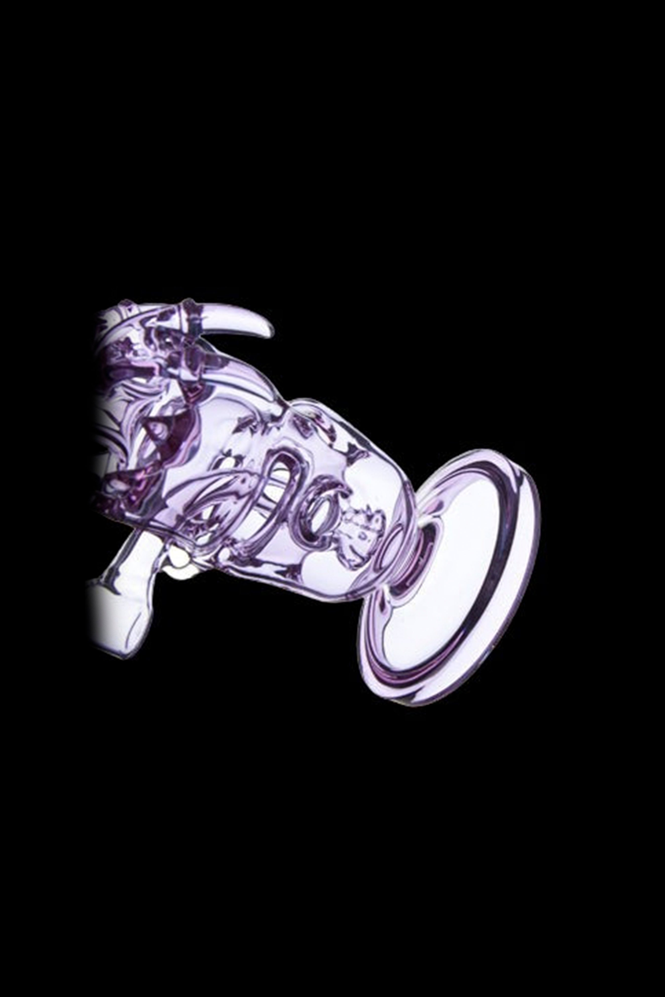 Angled close-up of the purple glass Calibear Fab Dino Rig against a black background, highlighting its dinosaur-shaped chamber and flared base