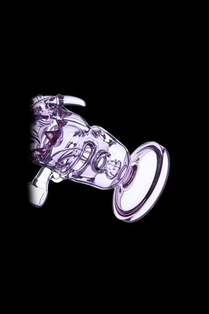 Angled close-up of the purple glass Calibear Fab Dino Rig against a black background, highlighting its dinosaur-shaped chamber and flared base