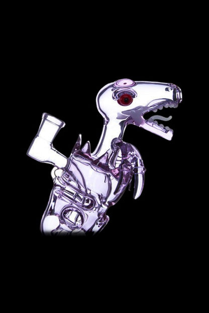 Close-up side view of a lime-green glass Calibear Fab Dino Rig shaped like a skeletal dinosaur head and neck against a black background