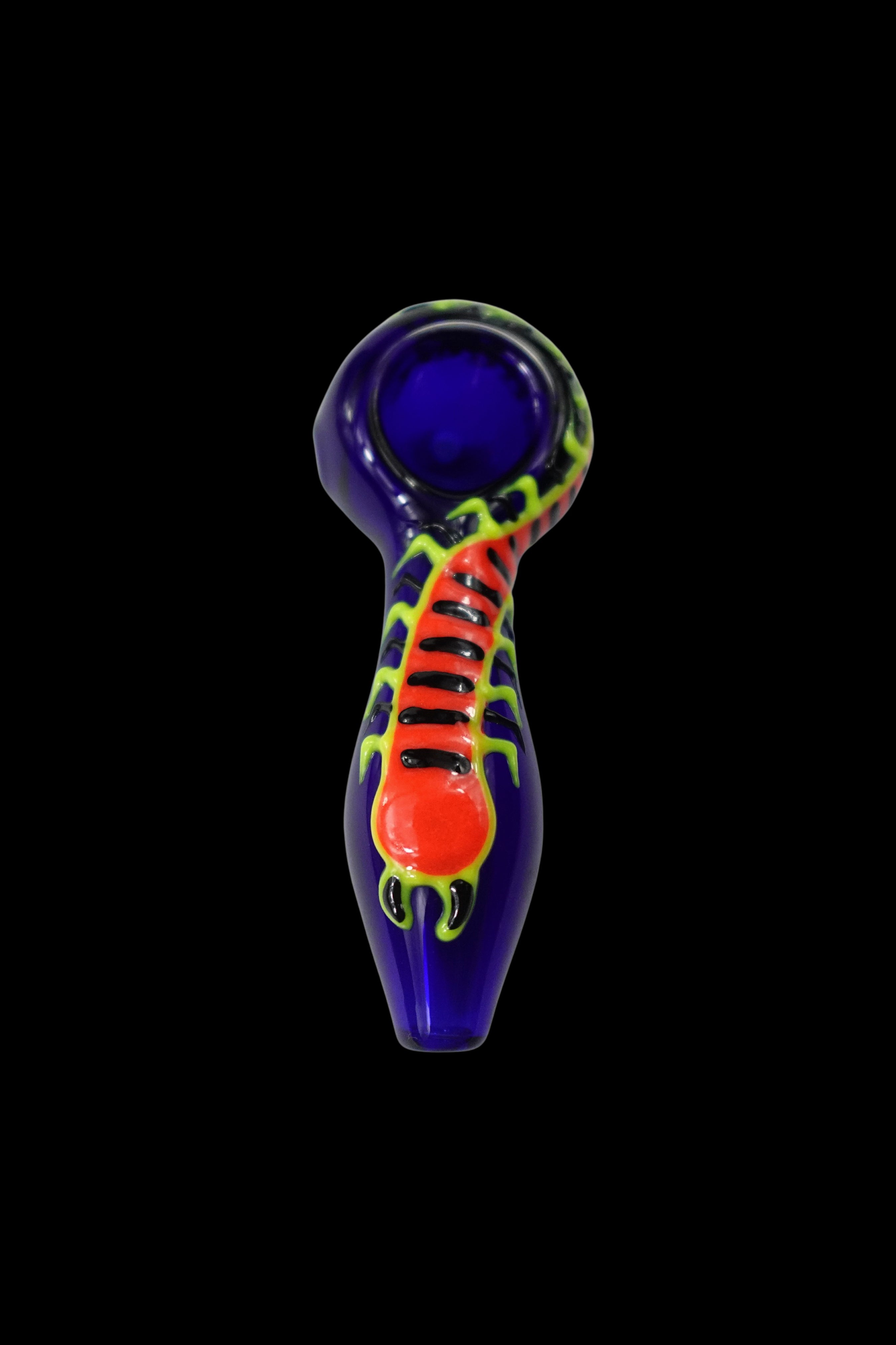 A vibrant glass pipe with a scorpion design, set against a black background.