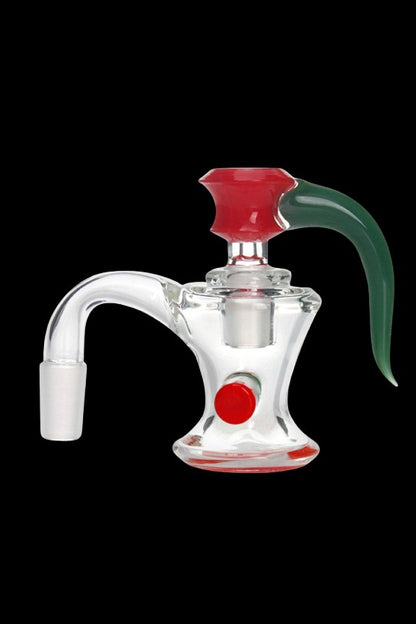 Glass cannabis water pipe with red and green accents.