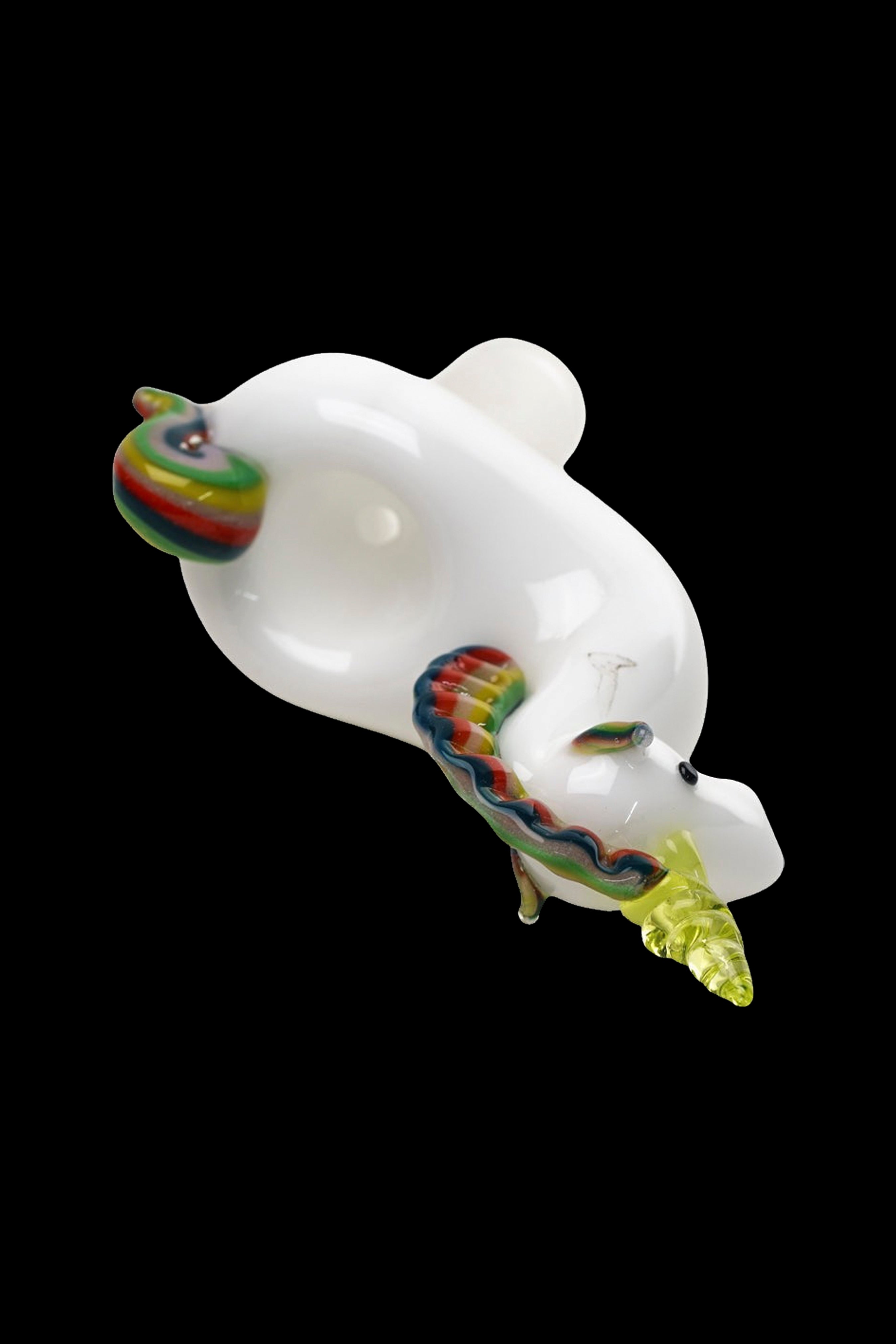 Glass cannabis oil rig shaped like a cartoon mouse with colorful accents.