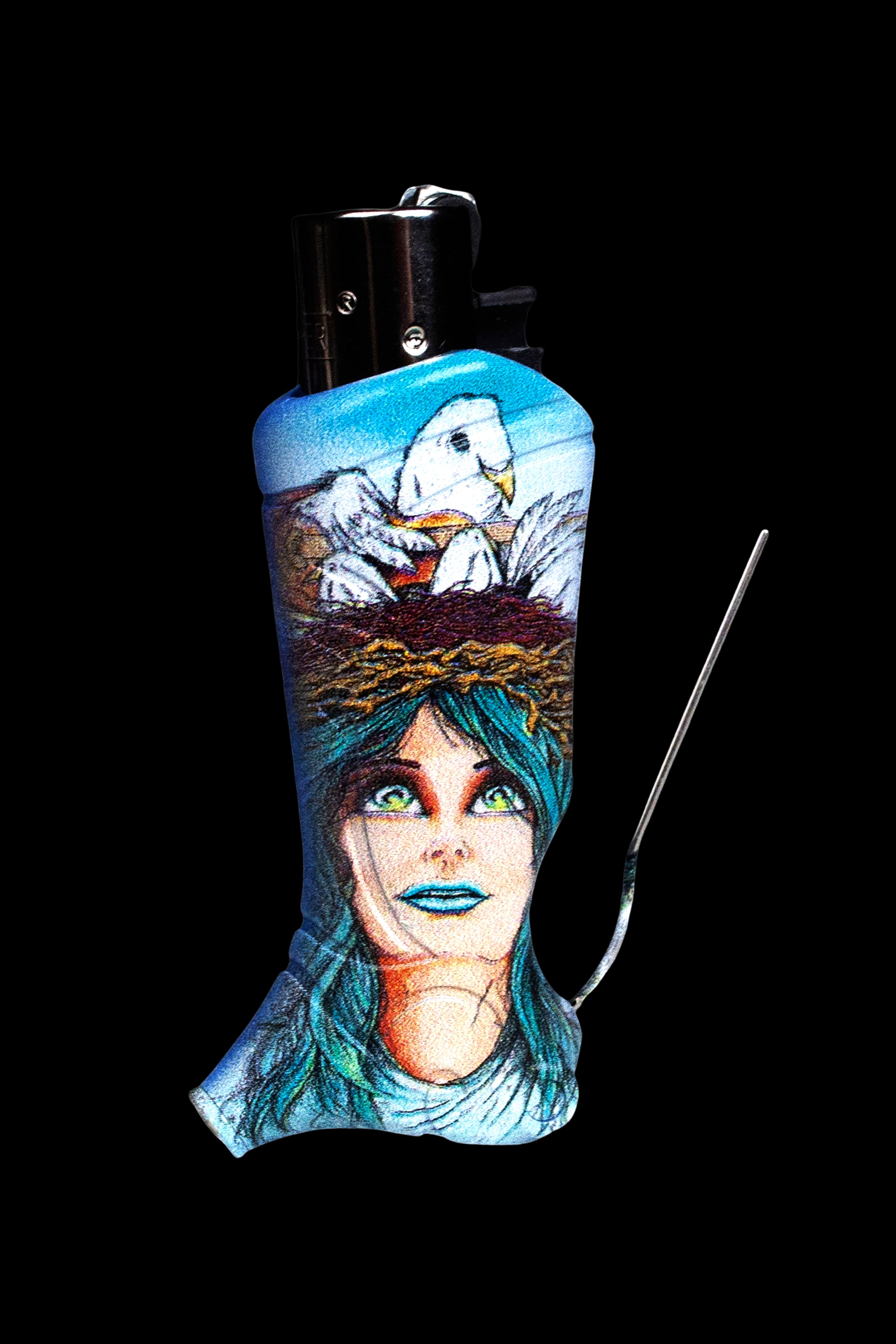 Lighter sleeve featuring a painted portrait of a woman with a dove and mountain scene, designed for a cannabis lighter.