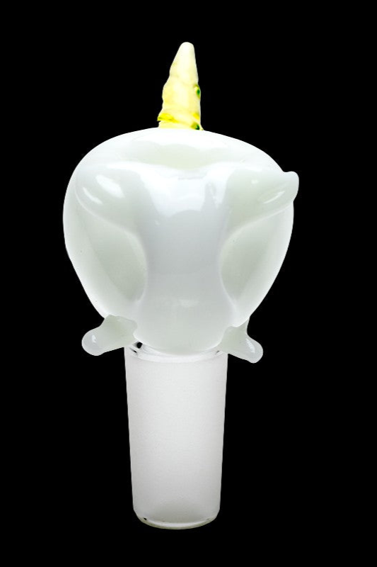 White glass cannabis water pipe shaped like a unicorn.