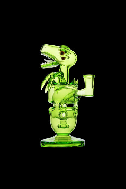 Side profile of the lime-green Calibear Fab Dino Rig against a black background, highlighting its open toothed mouth and clawed arms.