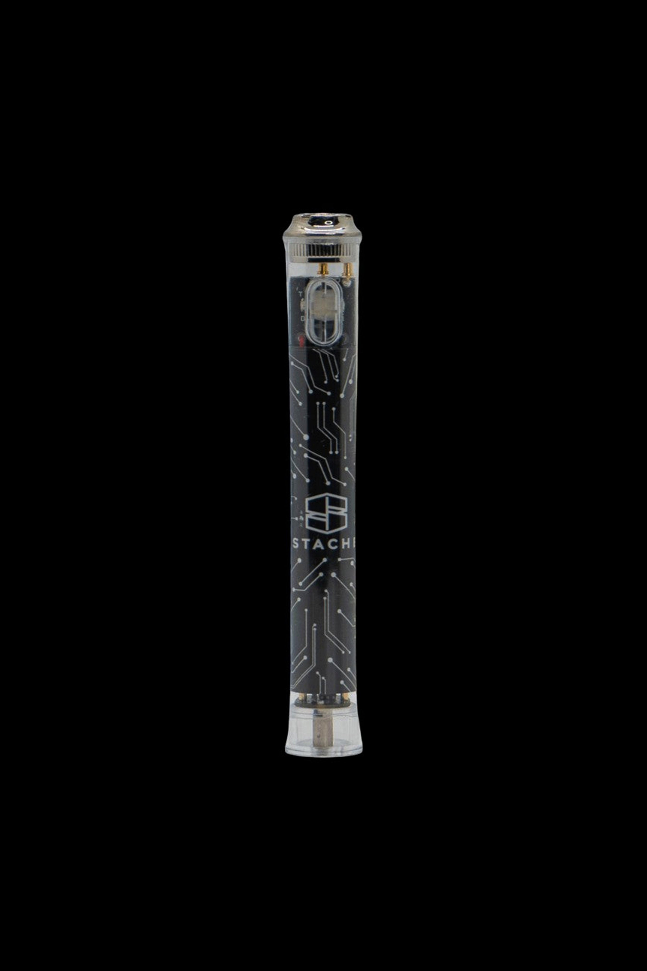 Silver cannabis vaporizer pen with circuit board design against a black background.