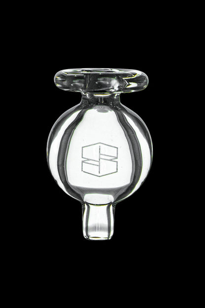 Clear glass dab cap with geometric logo.