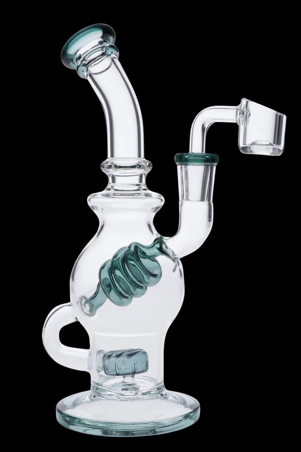 Glass dab rig with a swirling percolator and quartz banger.