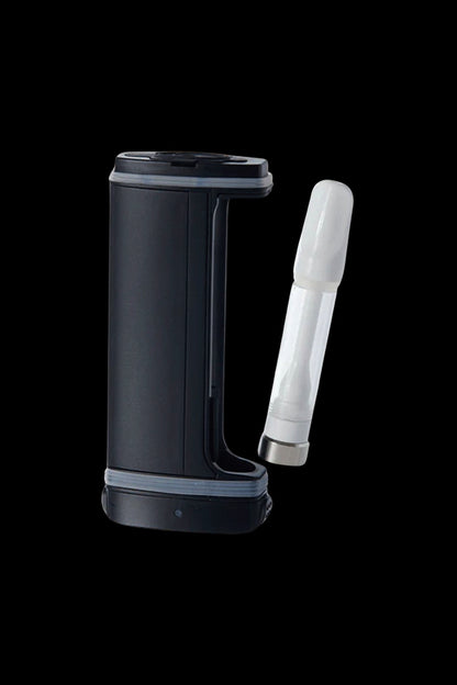 Black cannabis vaporizer pen with a clear, detached mouthpiece.