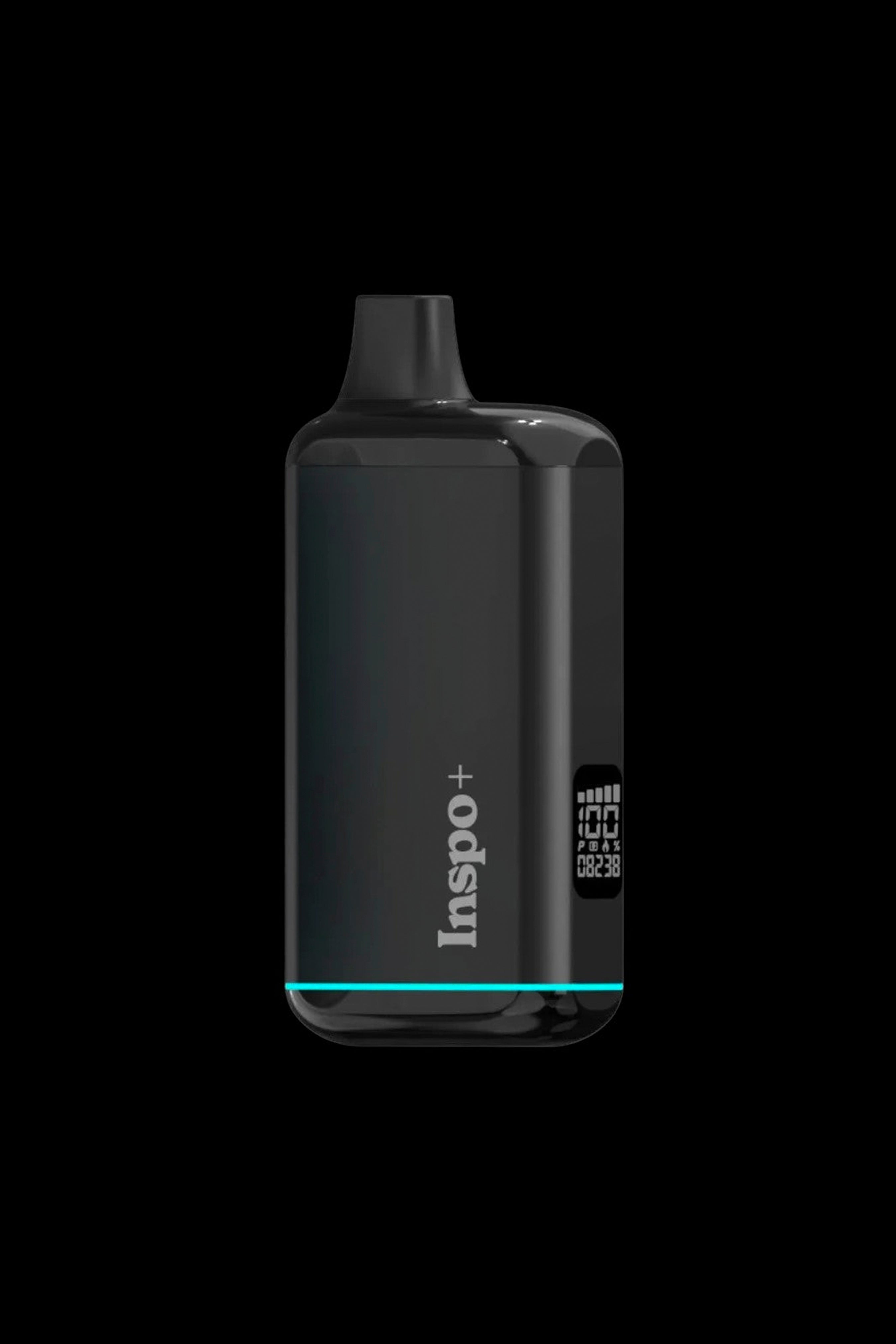 Black Inspo+ vaporizer pen with digital display, isolated on a dark background.