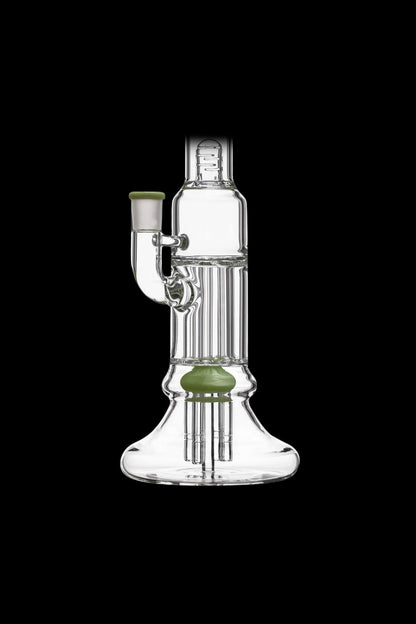 Vertical close-up of the lower and midsection of the Calibear Beaker Pillar Bong w/ Gilded Perc showing clear glass chambers, a lime-green accented mouthpiece and inner percolator against a black background