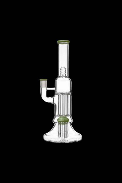 Centered front view of the Calibear Beaker Pillar Bong w/ Gilded Perc in milky blue accents against a black background.