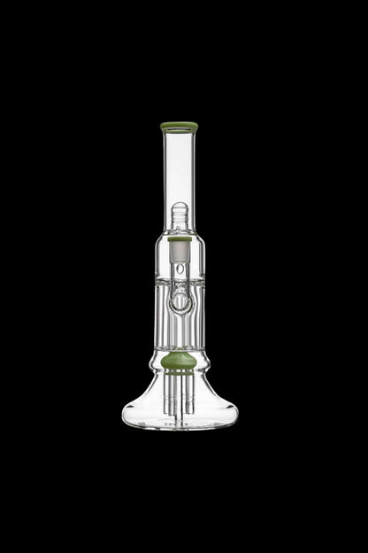 Centered vertical close-up of the Calibear Beaker Pillar Bong w/ Gilded Perc showing its milky purple rim and green accents against a black background