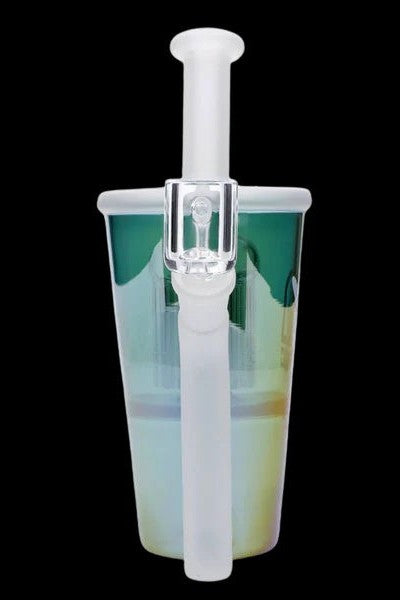 Iridescent glass water pipe with a clear mouthpiece and base.