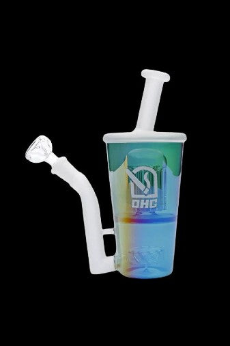 Glass water pipe with iridescent finish and clear mouthpiece.