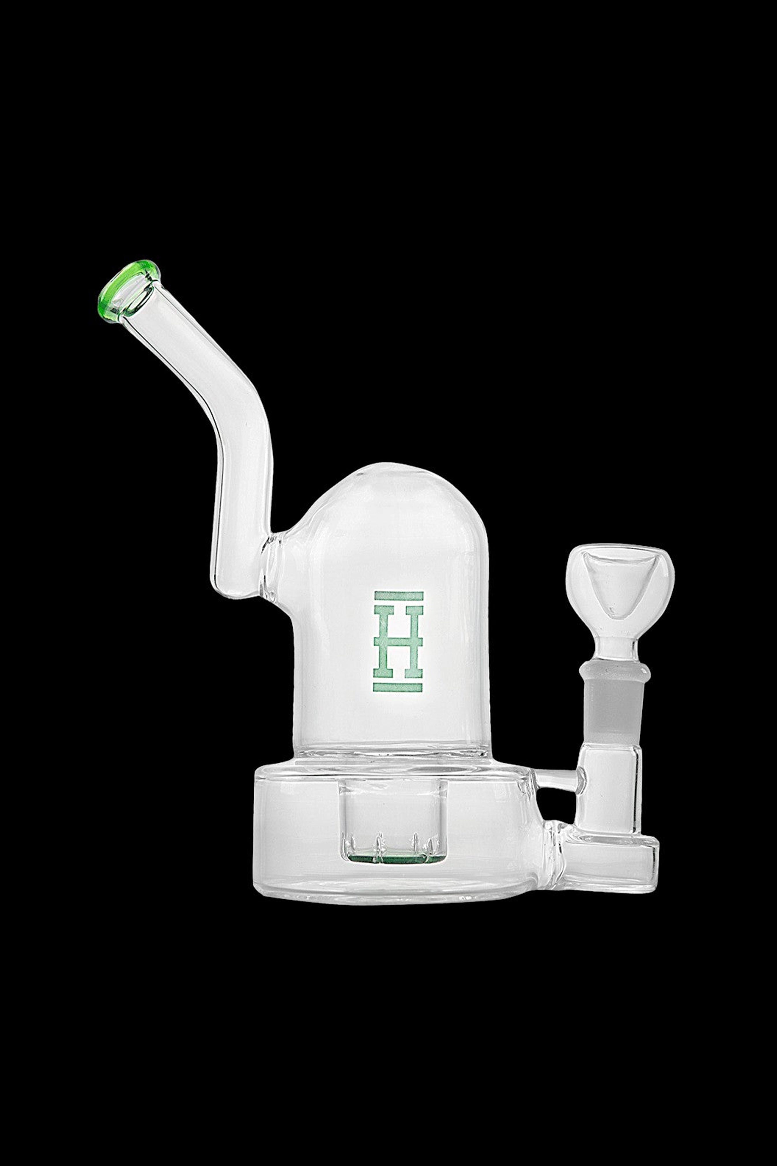 Clear glass water pipe (rig) with a green accent and bowl.