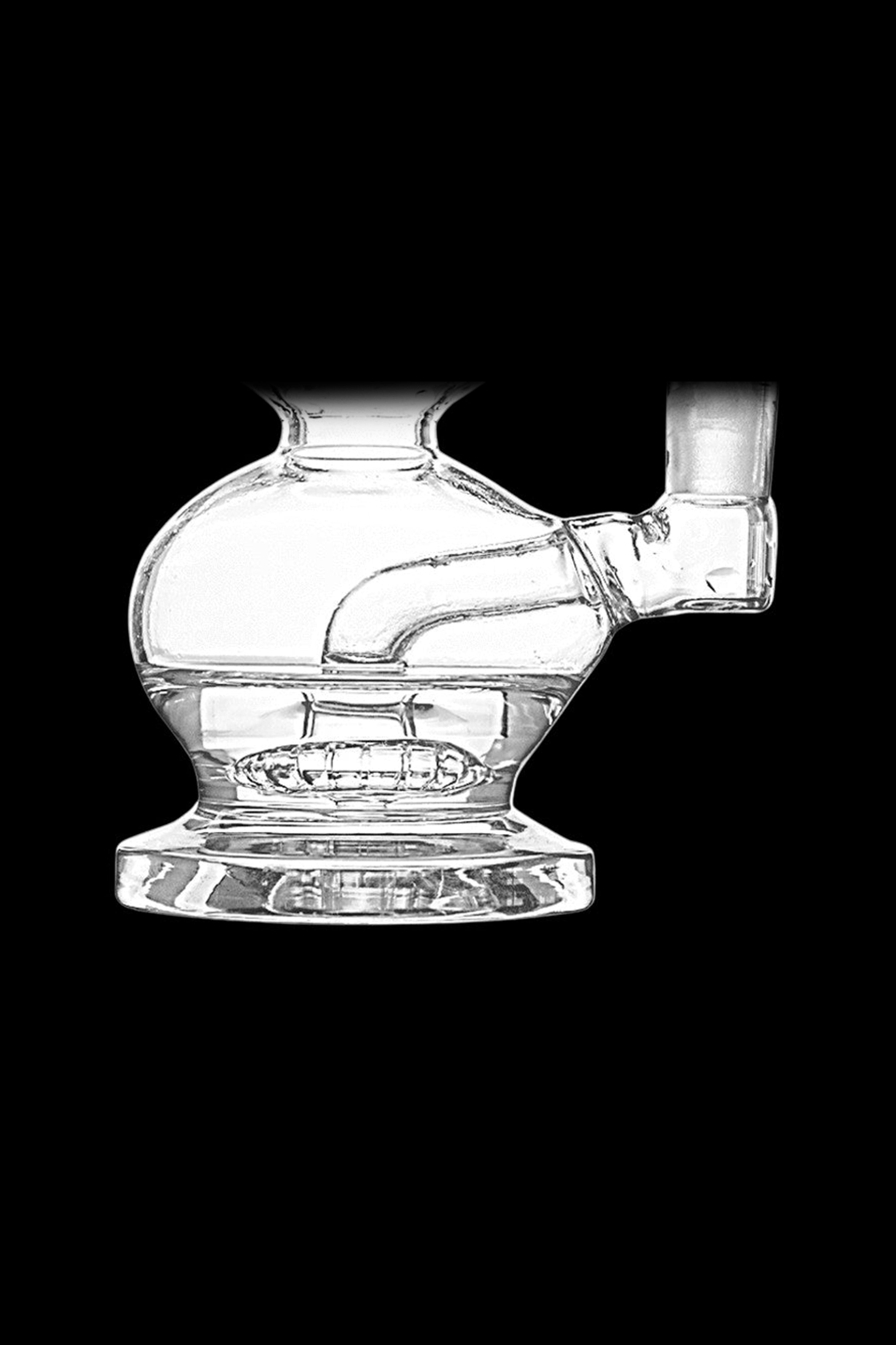 Clear glass dab rig with intricate percolator design.