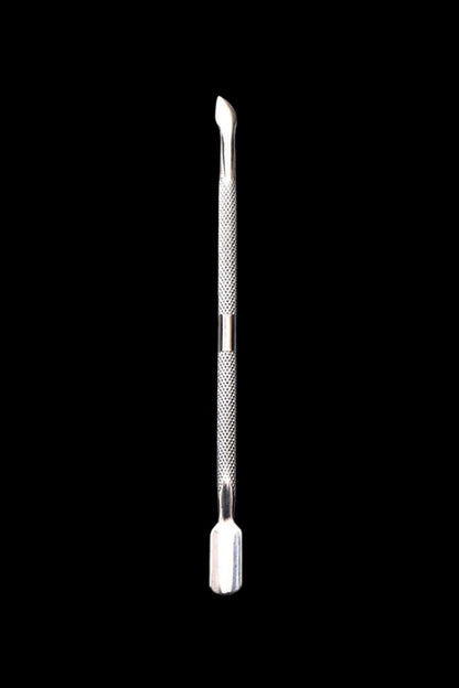Vertical close-up of The Stash Shack Stainless Steel Dual Dabber Tool showing both scooped ends and a knurled metal grip against a black background