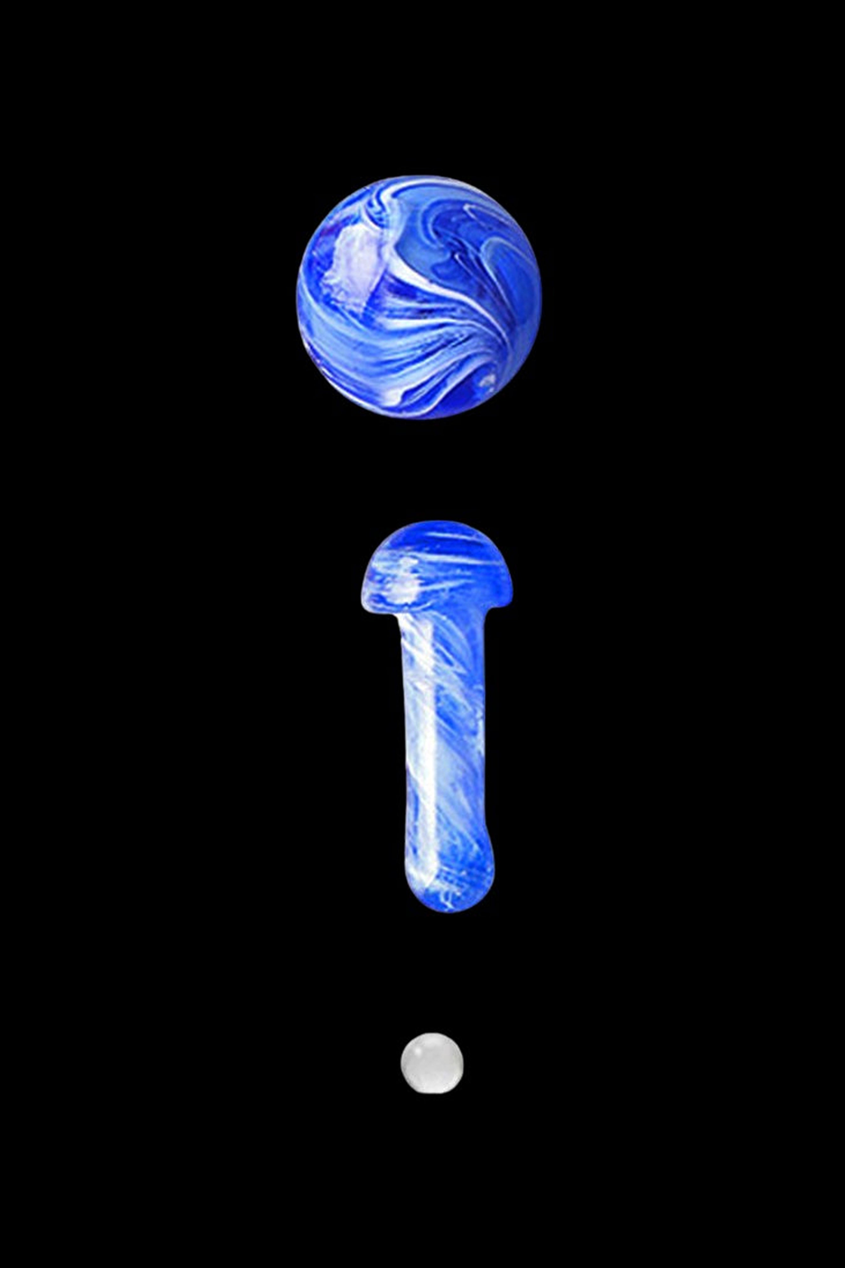 Blue glass cannabis water pipe against a black background.