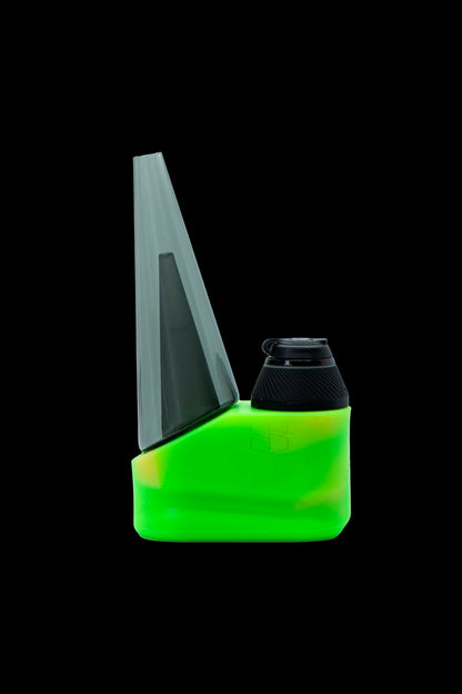Green silicone cannabis e-rig with glass mouthpiece against a black background.