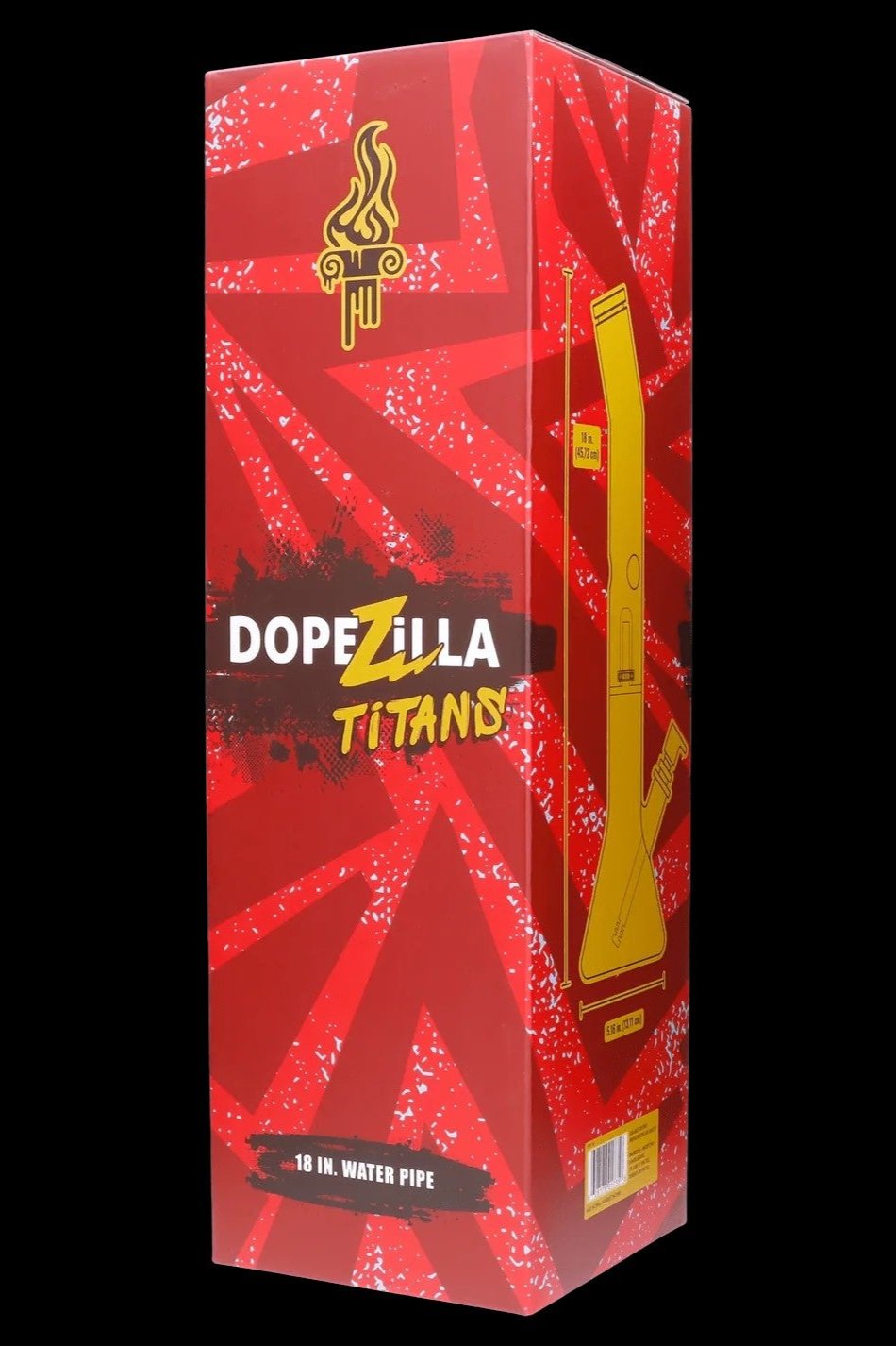 Angled front view of the red Dopezilla Titans Promethus Bong retail box with yellow graphics and bold logo on a black background