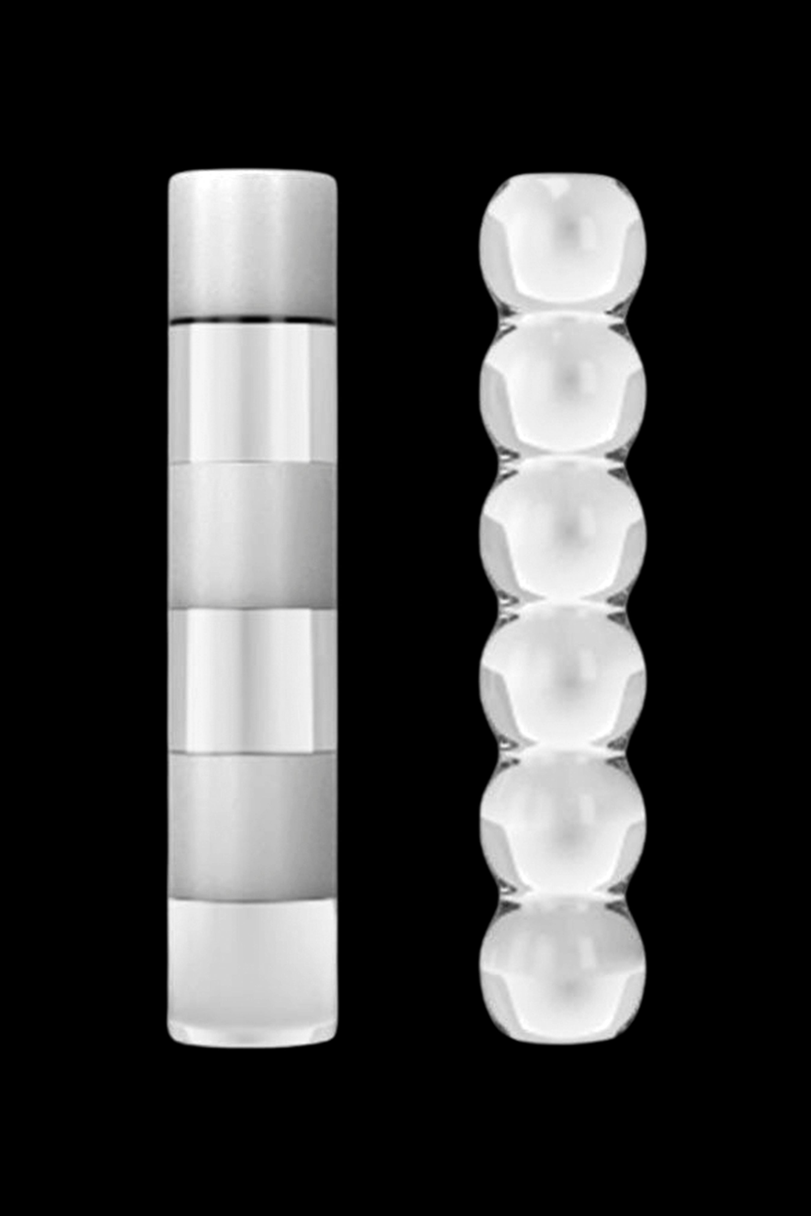 Silver cannabis concentrate containers, one cylindrical and one with a segmented, bead-like design.