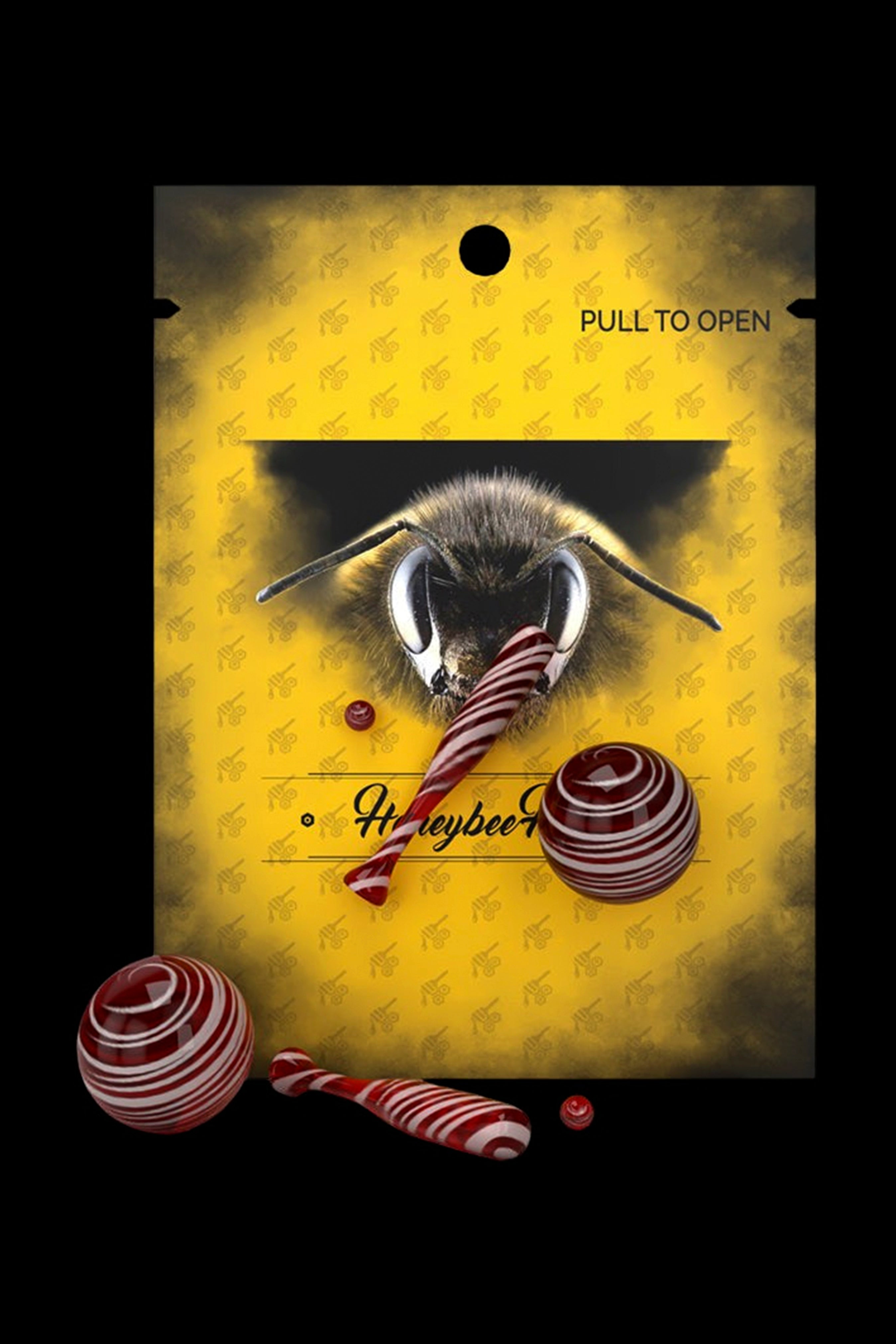 A gold cannabis package labeled “Honeybee” features a close-up of a bee’s face and images of red and white striped cannabis cartridges and concentrates.