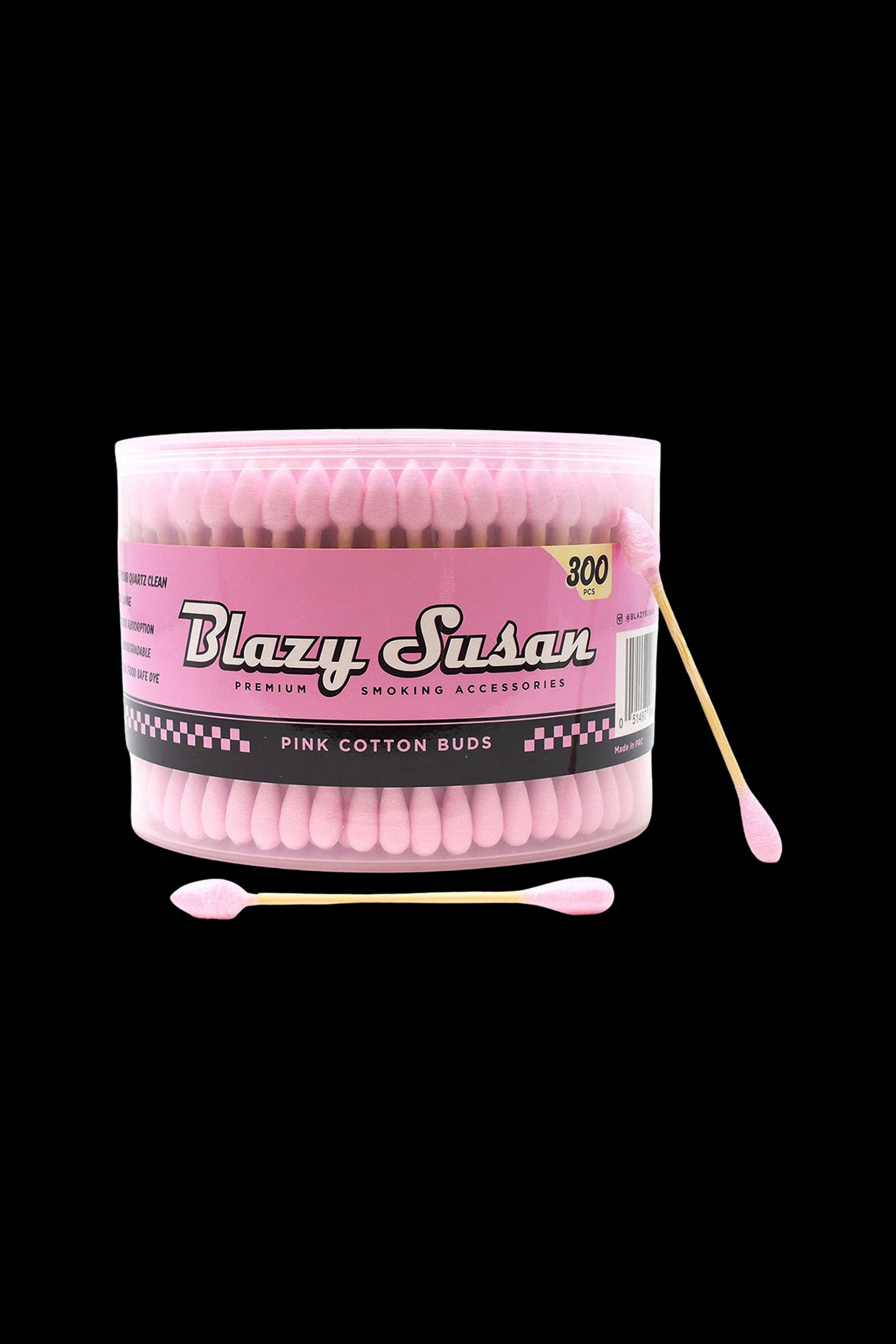 Pink cotton swabs packaged as “Blazy Susan Premium Smoking Accessories.”