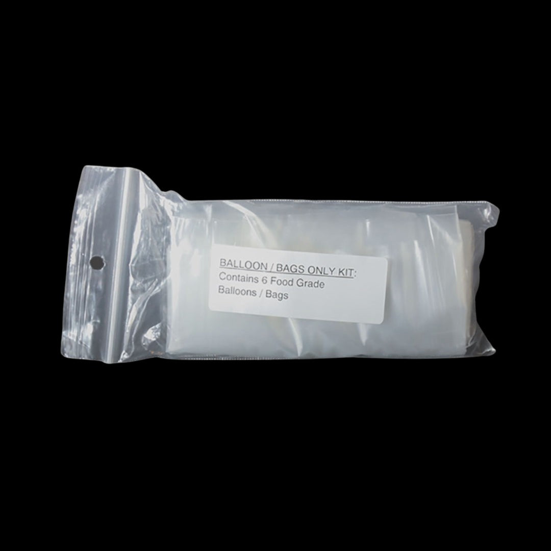 Sealed plastic bag labeled "BALLOON / BAGS ONLY KIT - Contains 6 Food Grade Balloons / Bags".