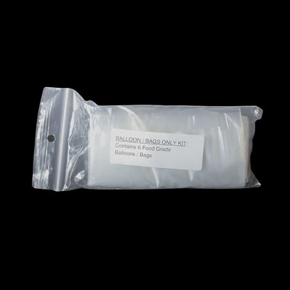 Sealed plastic bag labeled "BALLOON / BAGS ONLY KIT - Contains 6 Food Grade Balloons / Bags".