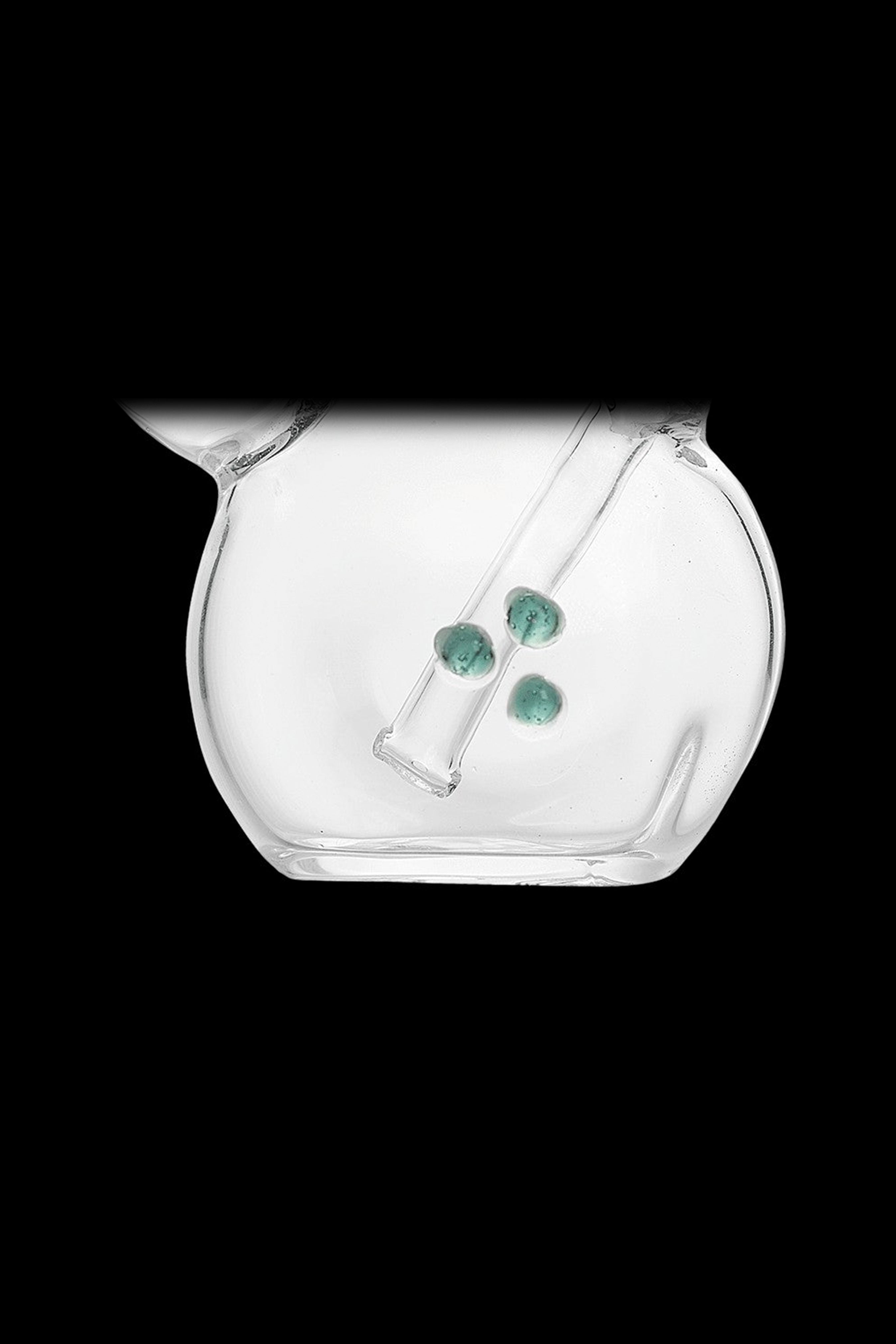 Clear glass bubbler water pipe with green accents.