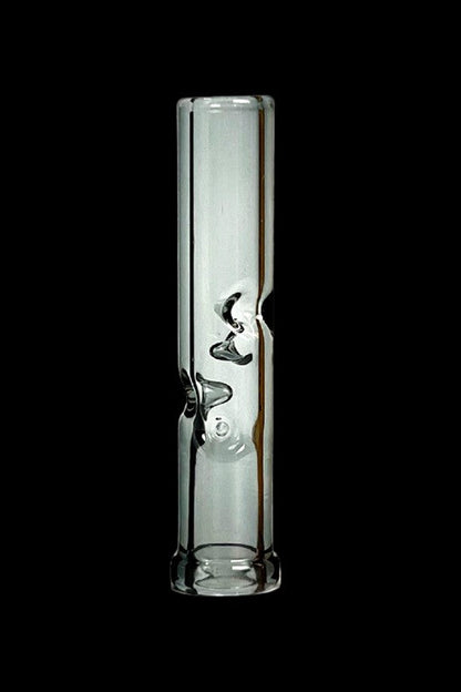 Clear glass smoking tube with bubbler design against a black background.