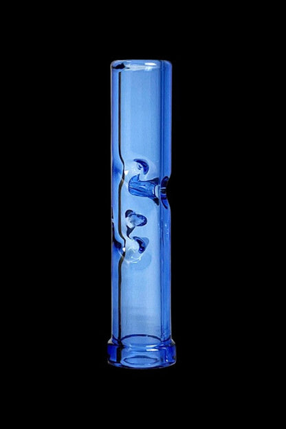 Blue glass smoking pipe with sculpted floral details, isolated on black.